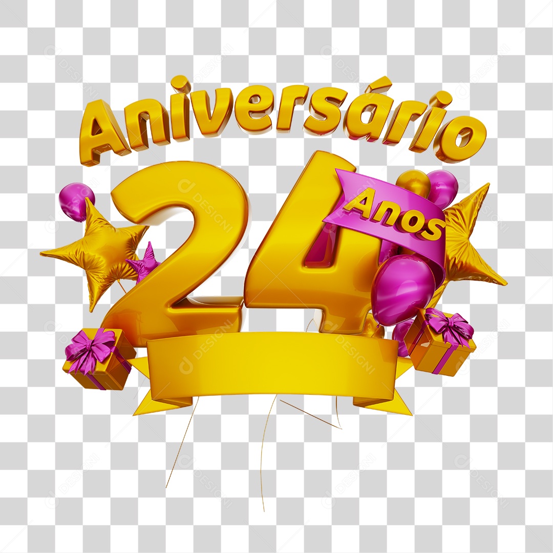 Anniversary 24 Years 3D Gold Stamp with Pink Ribbon and Balloons for Composition PSD