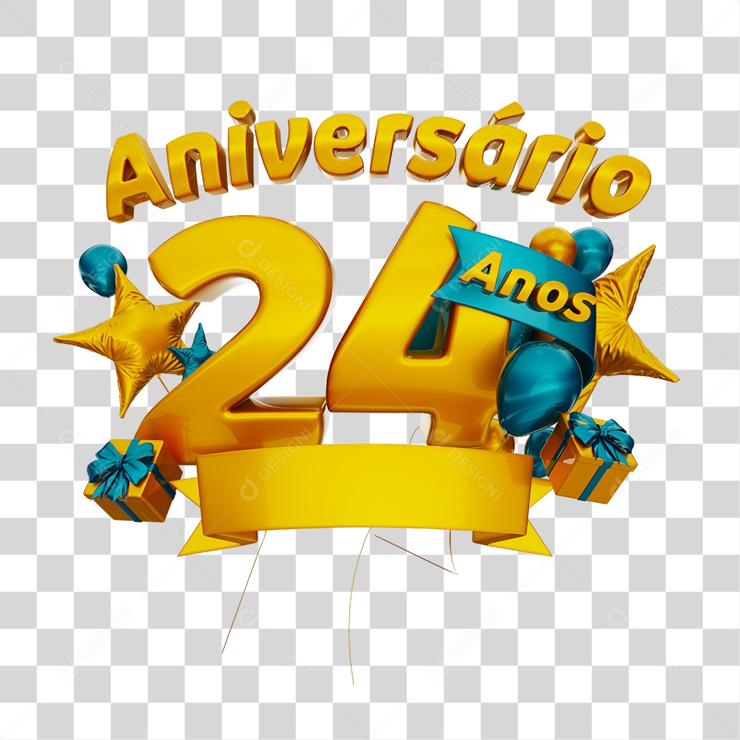 Aniversário 24 Anos Selo 3D Dourado com Fita e Balões Azul para Composição PSD