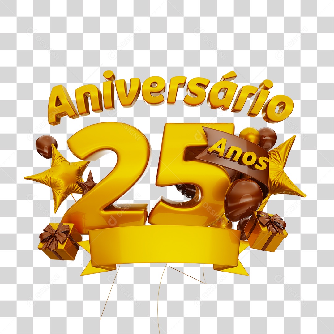 Aniversário 25 Anos Selo 3D Dourado com Fita e Balões Azul para Composição PSD