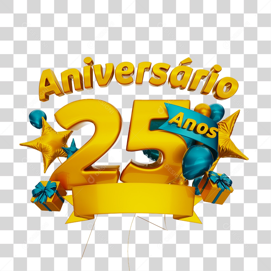 Aniversário 25 Anos Selo 3D Dourado com Fita e Balões Azul para Composição PSD