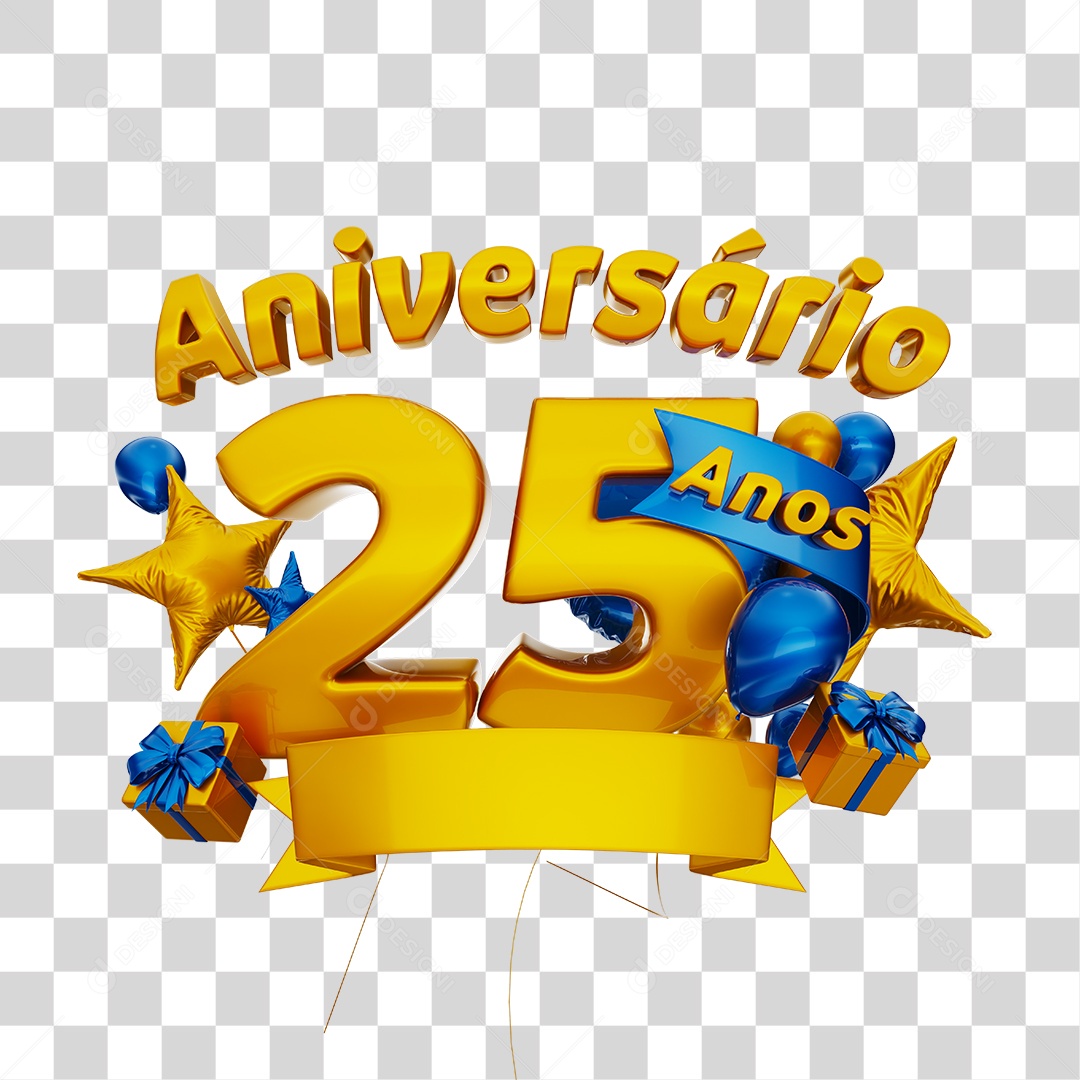 Aniversário 25 Anos Selo 3D Dourado com Fita e Balões Azul para Composição PSD