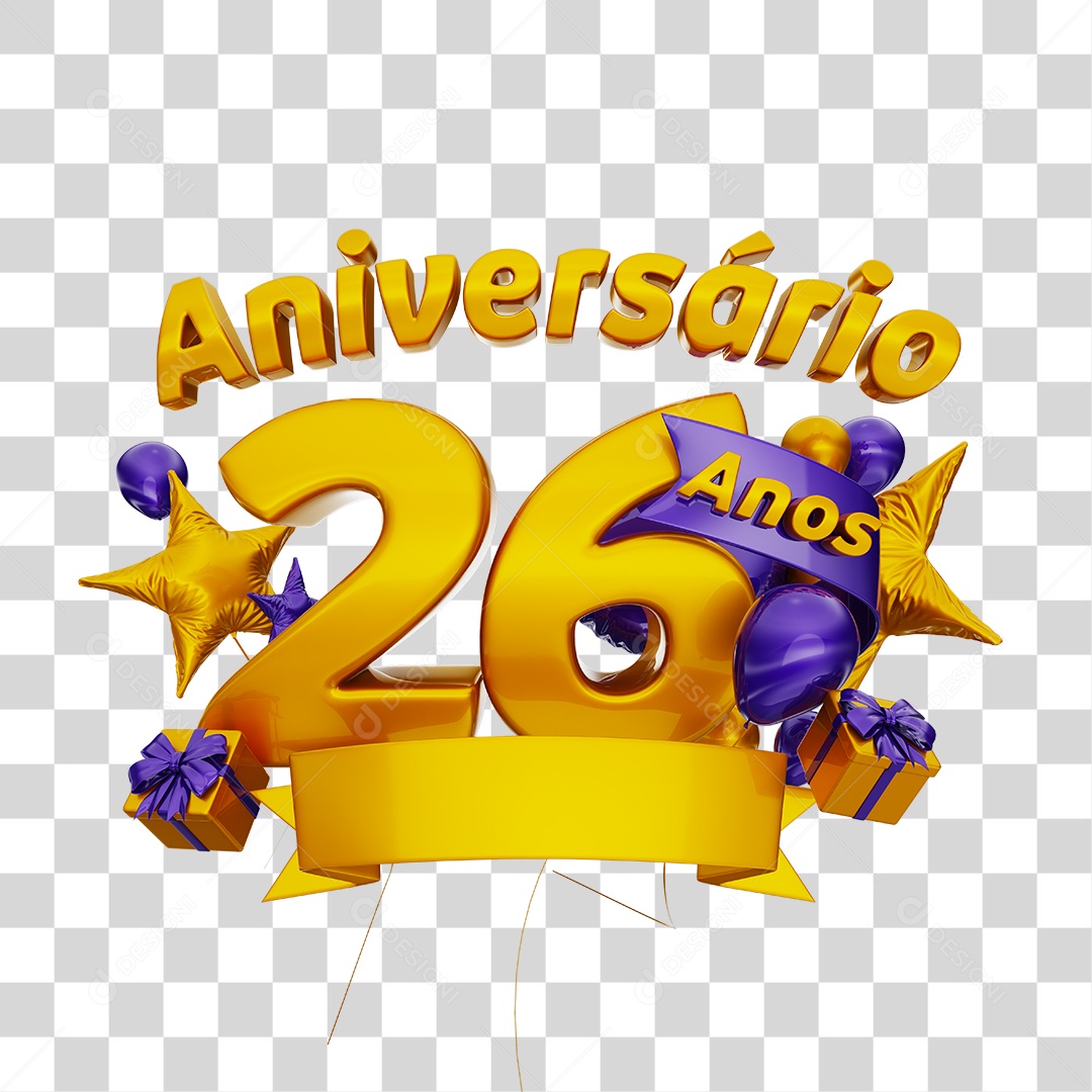 Aniversário 25 Anos Selo 3D Dourado com Fita e Balões Roxo para Composição PSD