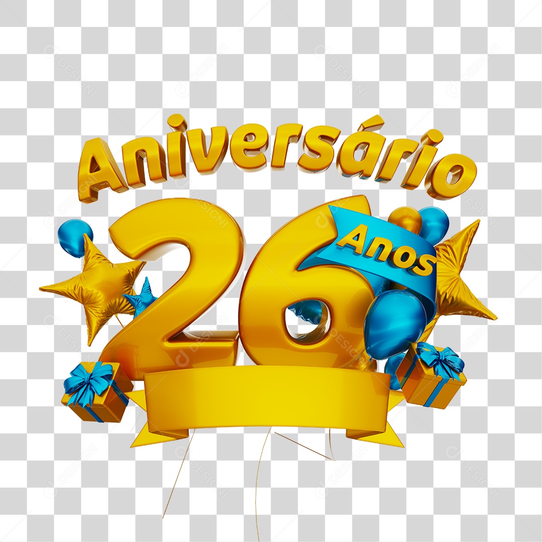 Aniversário 26 Anos Selo 3D Dourado com Fita e Balões Azul para Composição PSD