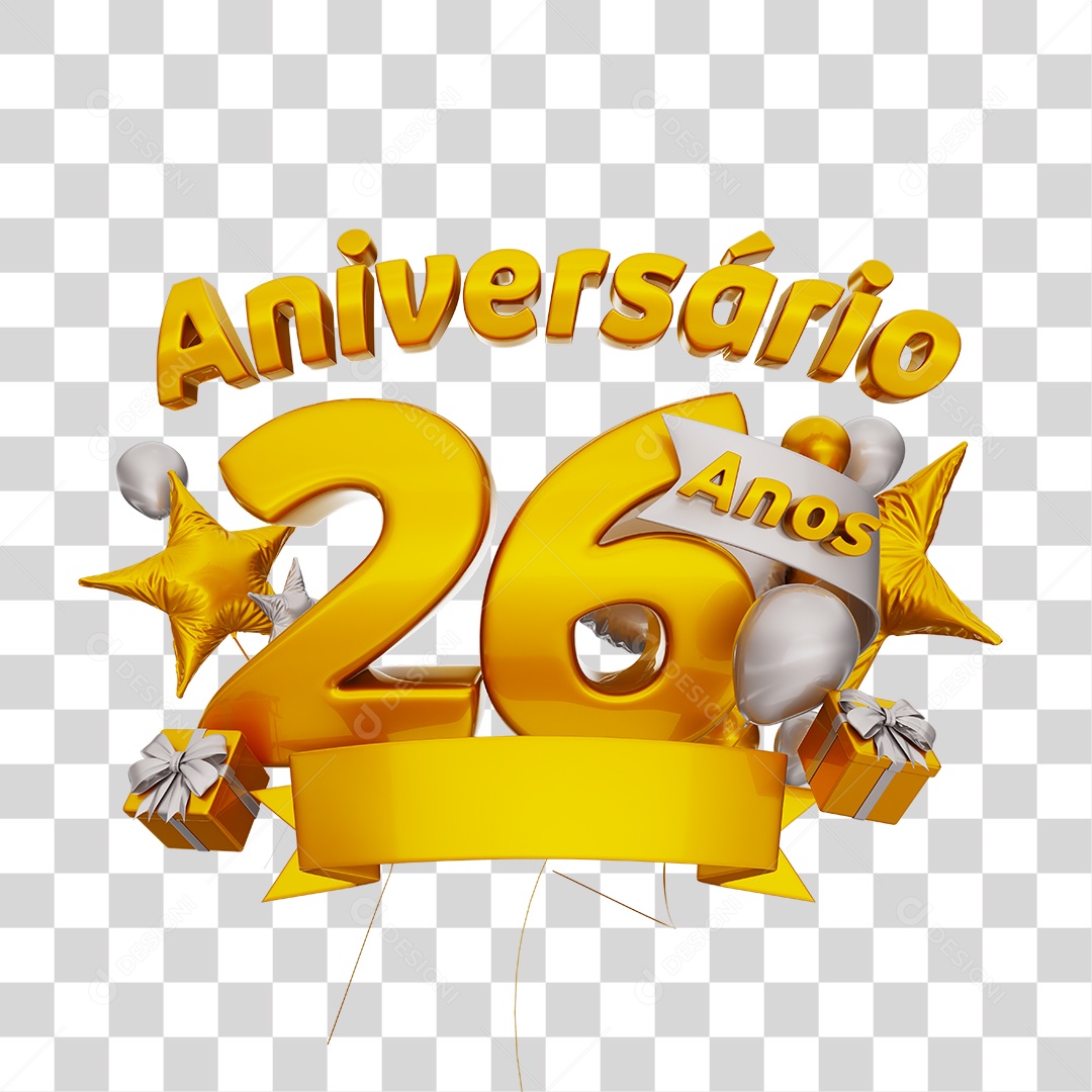 Aniversário 26 Anos Selo 3D Dourado com Fita e Balões Branca para Composição PSD