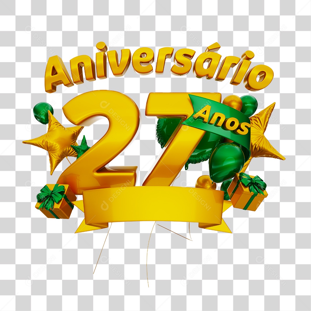 Aniversário 27 Anos Selo 3D Dourado com Fita e Balões Verde para Composição PSD