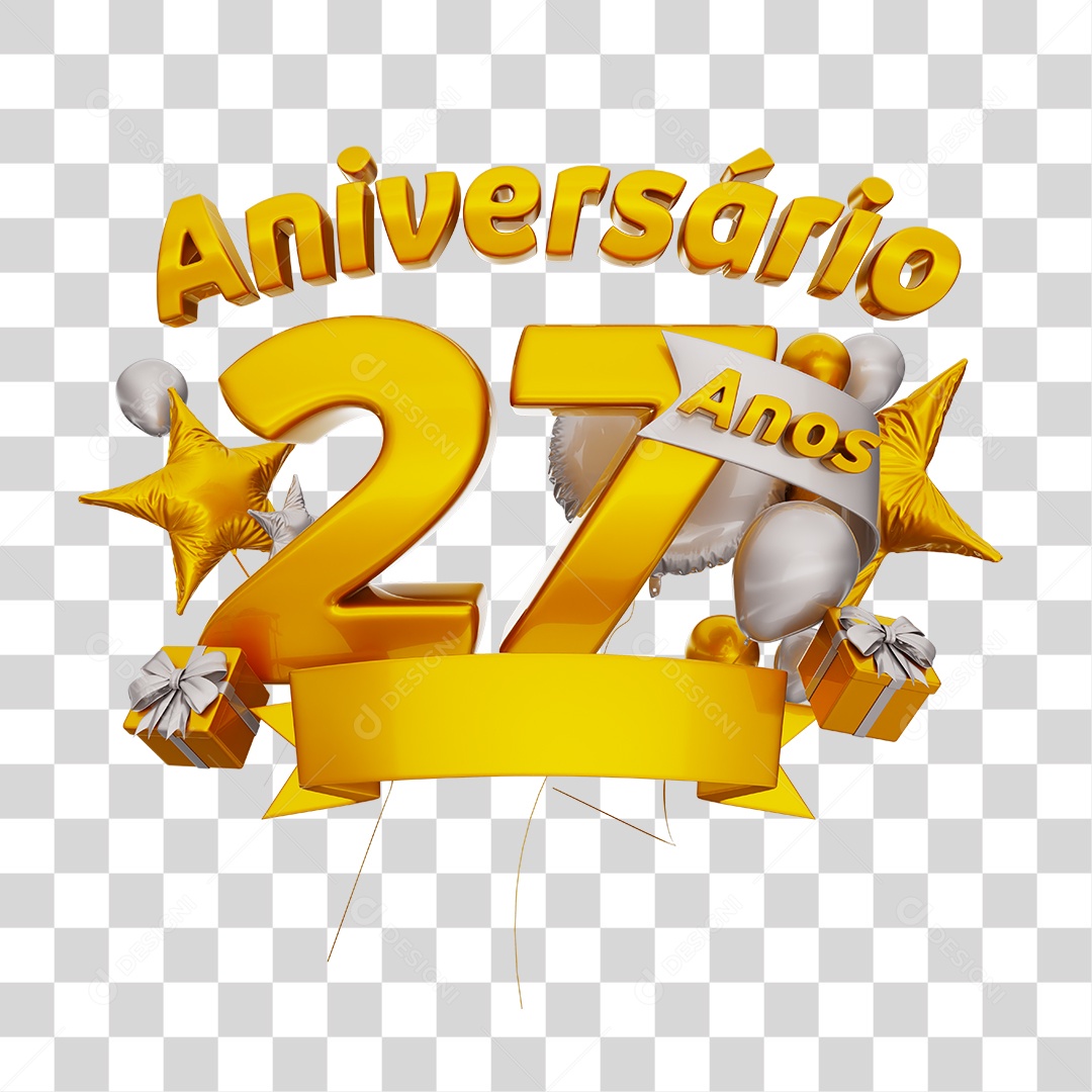 Aniversário 27 Anos Selo 3D Dourado com Fita e Balões Branca para Composição PSD