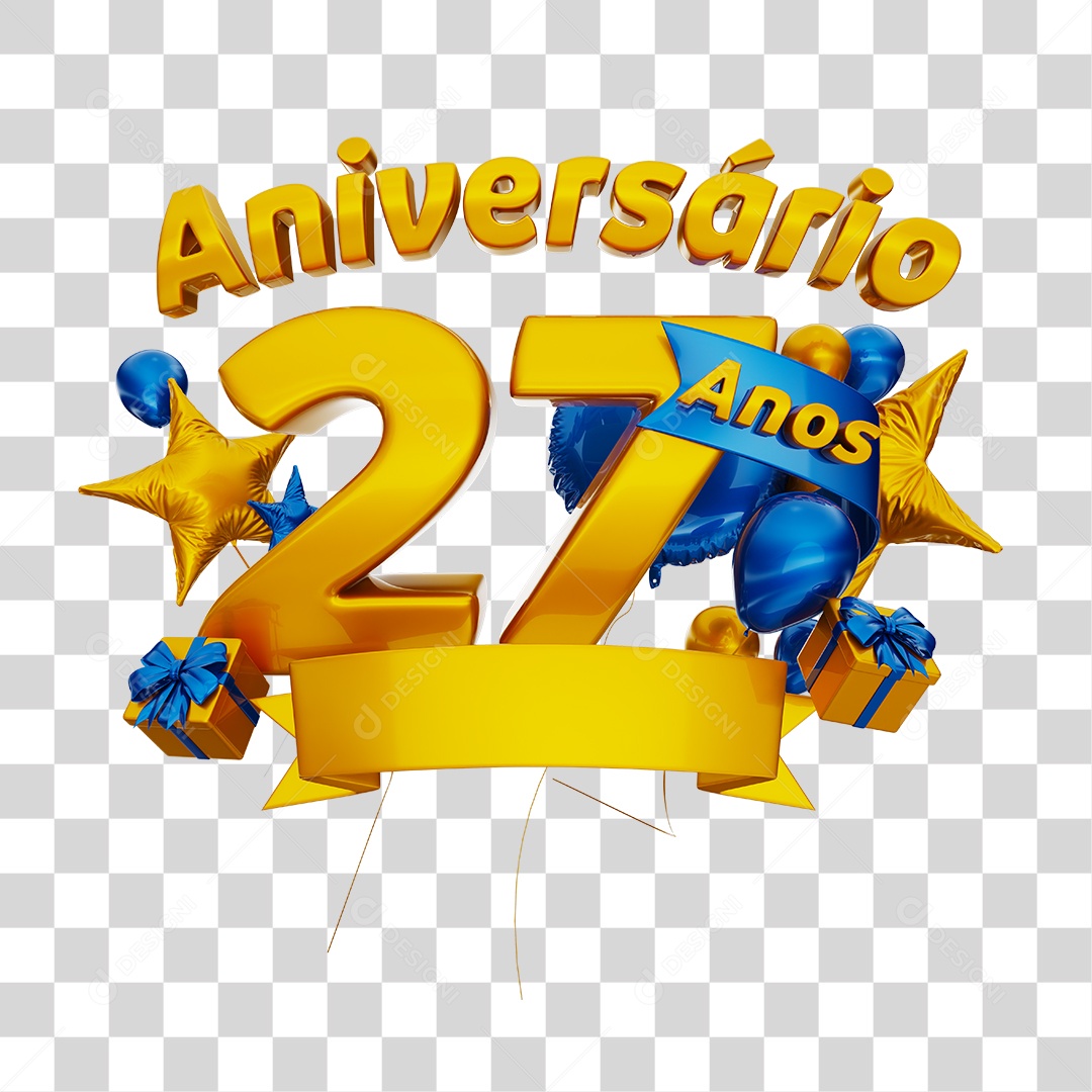 Aniversário 26 Anos Selo 3D Dourado com Fita e Balões Azul para Composição PSD