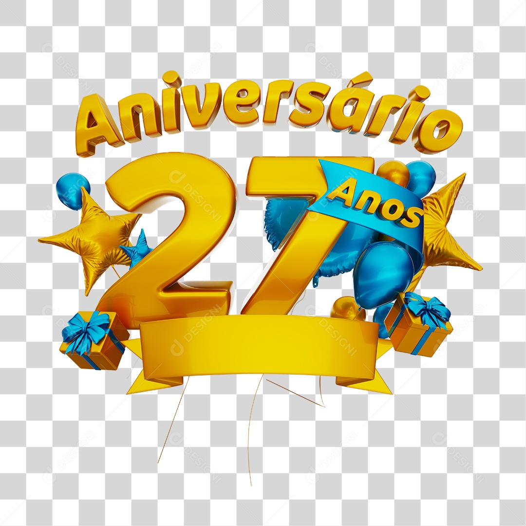 Aniversário 27 Anos Selo 3D Dourado com Fita e Balões Azul para Composição PSD
