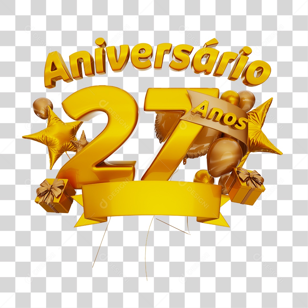 Aniversário 27 Anos Selo 3D Dourado com Fita e Balões Verde para Composição PSD