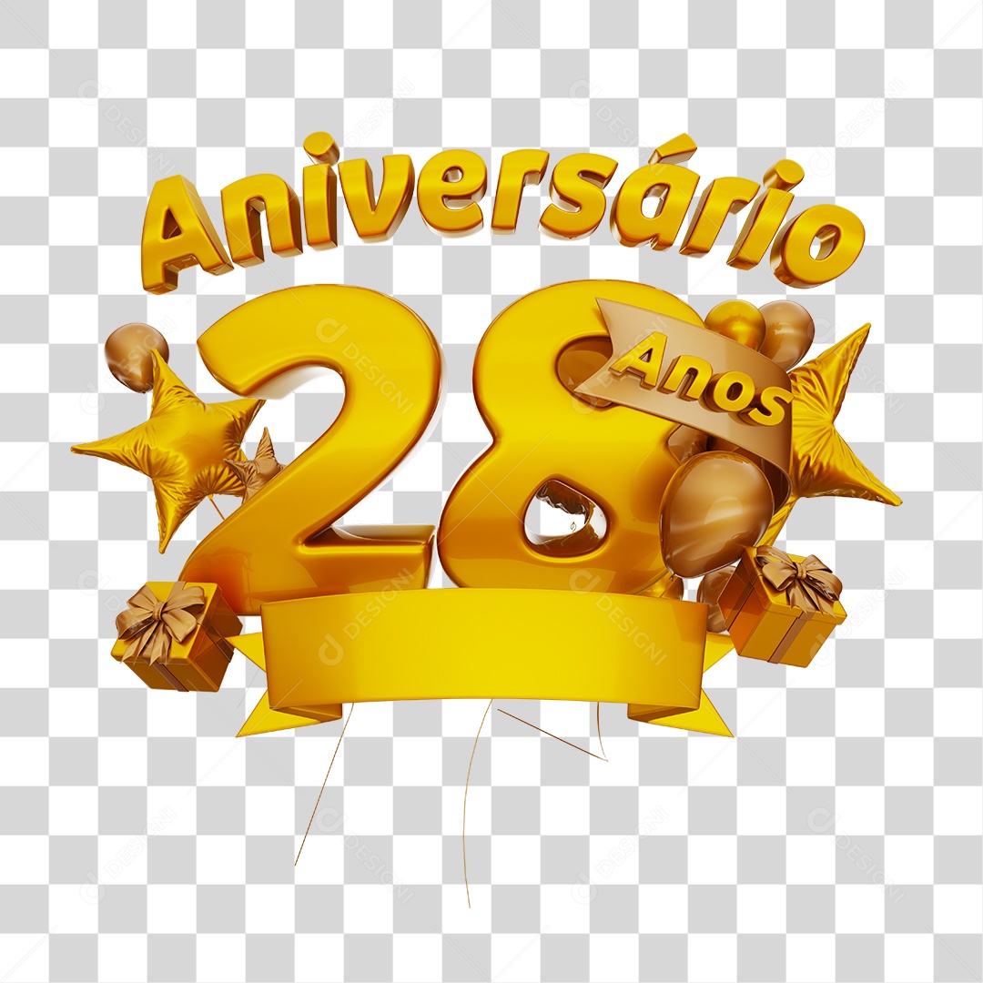 Aniversário 28 Anos Selo 3D Dourado com Fita e Balões para Composição PSD