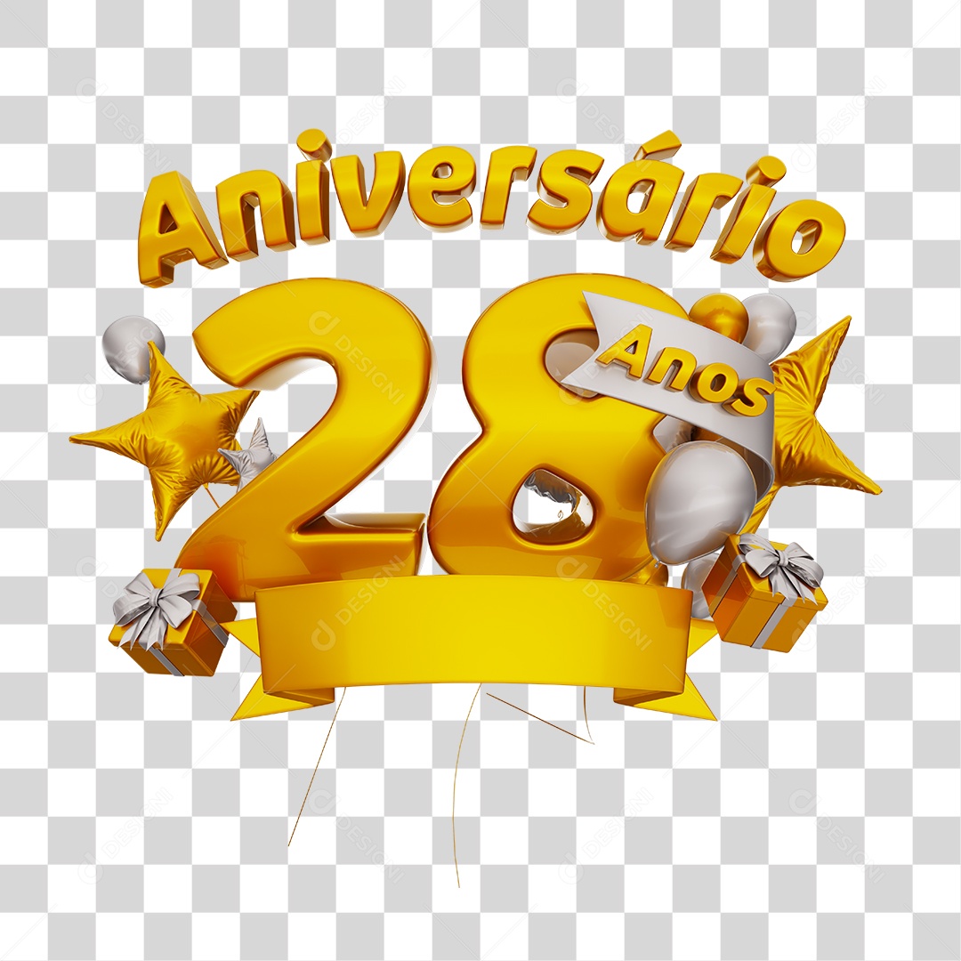 Aniversário 28 Anos Selo 3D Dourado com Fita e Balões Branca para Composição PSD
