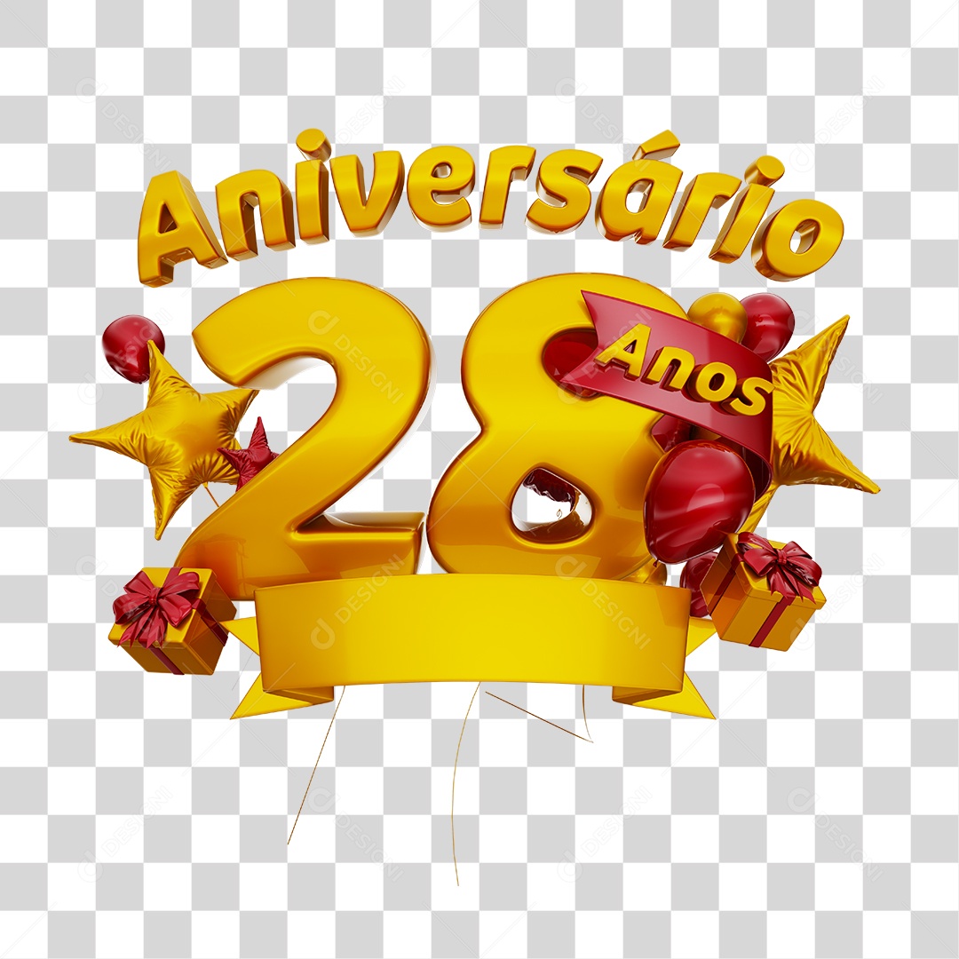 Aniversário 28 Anos Selo 3D Dourado com Fita e Balões Vermelho para Composição PSD
