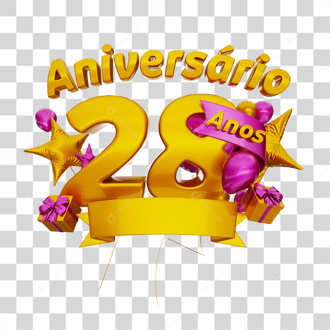 Aniversário 28 Anos Selo 3D Dourado com Fita e Balões Rosa para Composição PSD