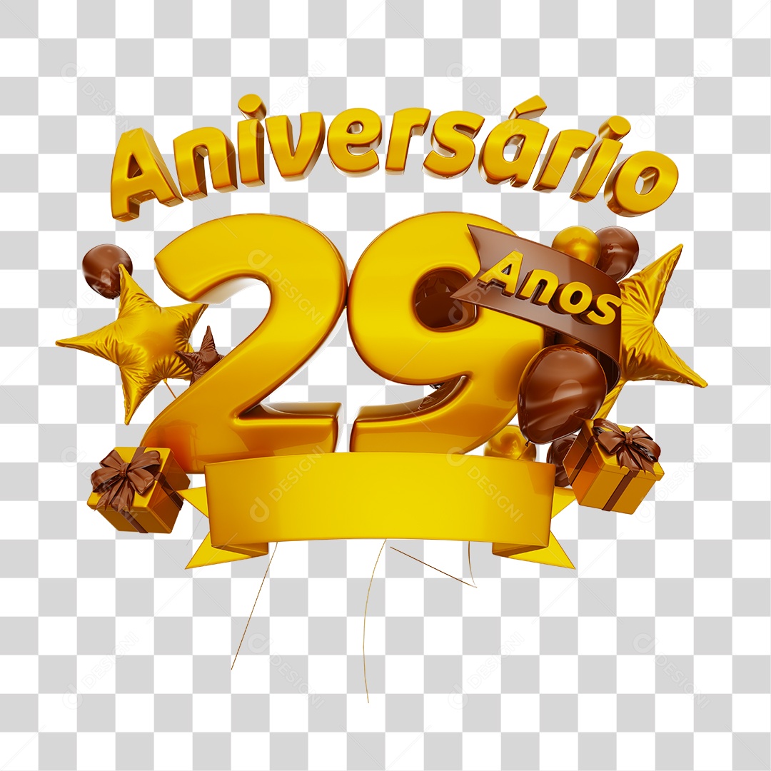 Aniversário 29 Anos Selo 3D Dourado com Fita e Balões para Composição PSD