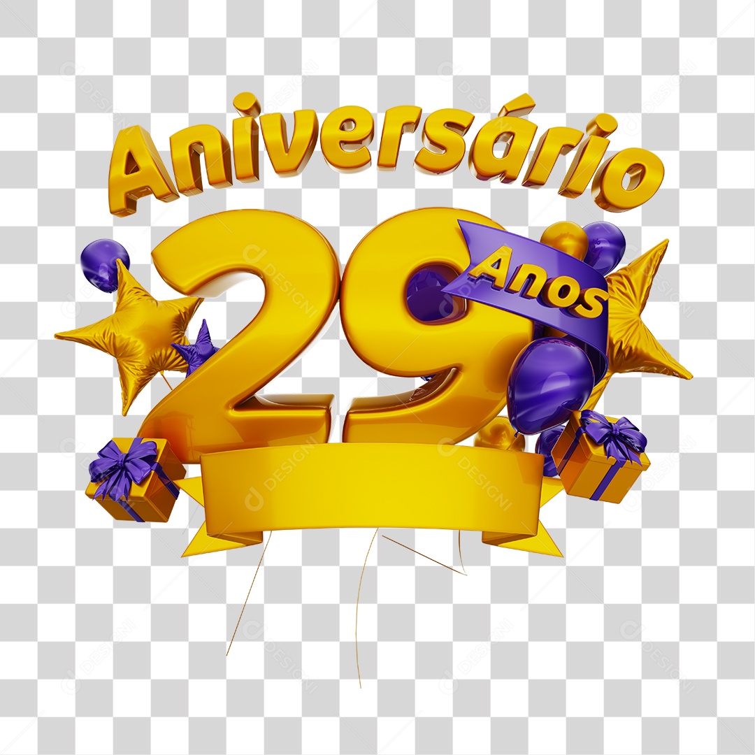 Anniversary 29 Years 3D Golden Stamp with Purple Ribbon and Balloons for Composition PSD