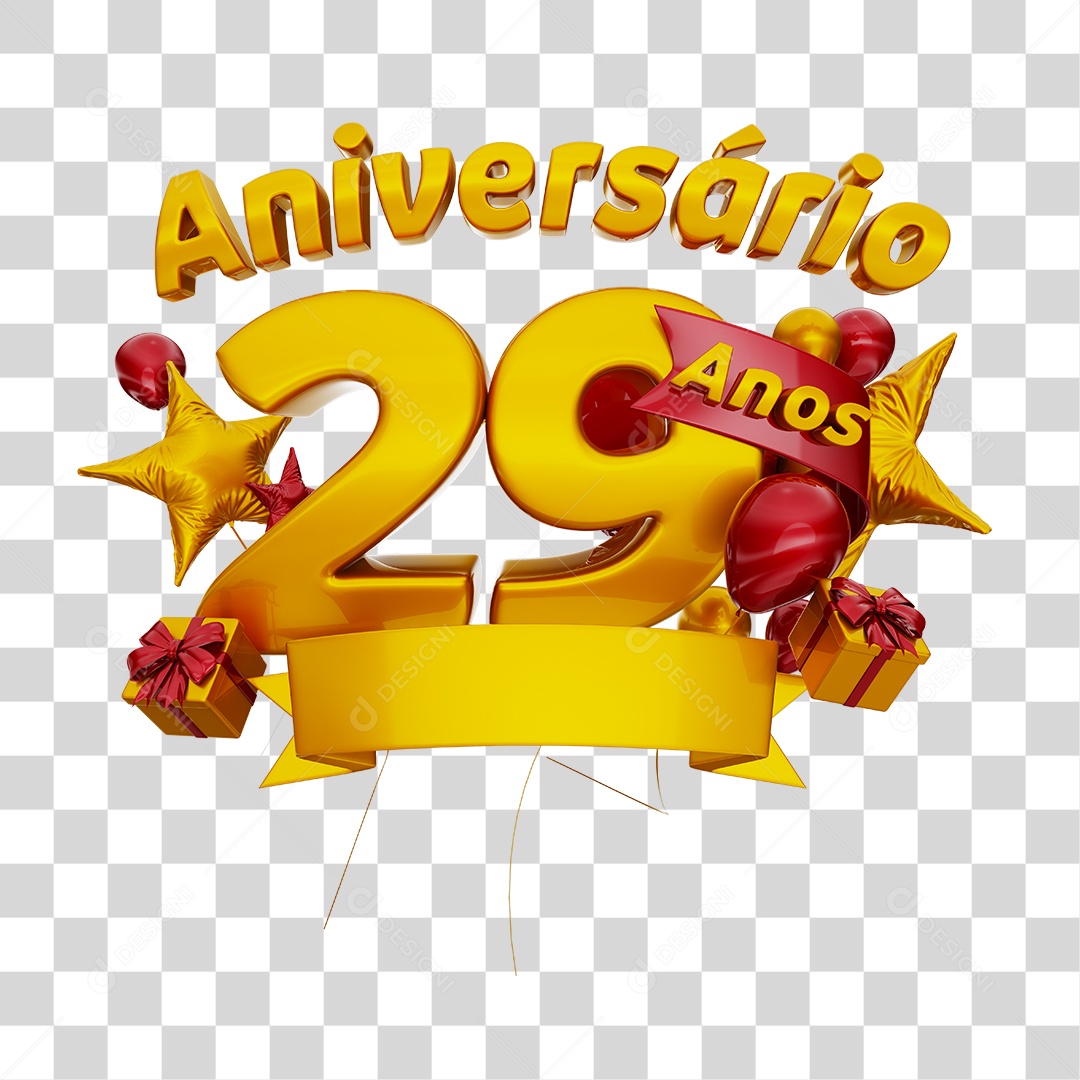 Aniversário 29 Anos Selo 3D Dourado com Fita e Balões Vermelho para Composição PSD