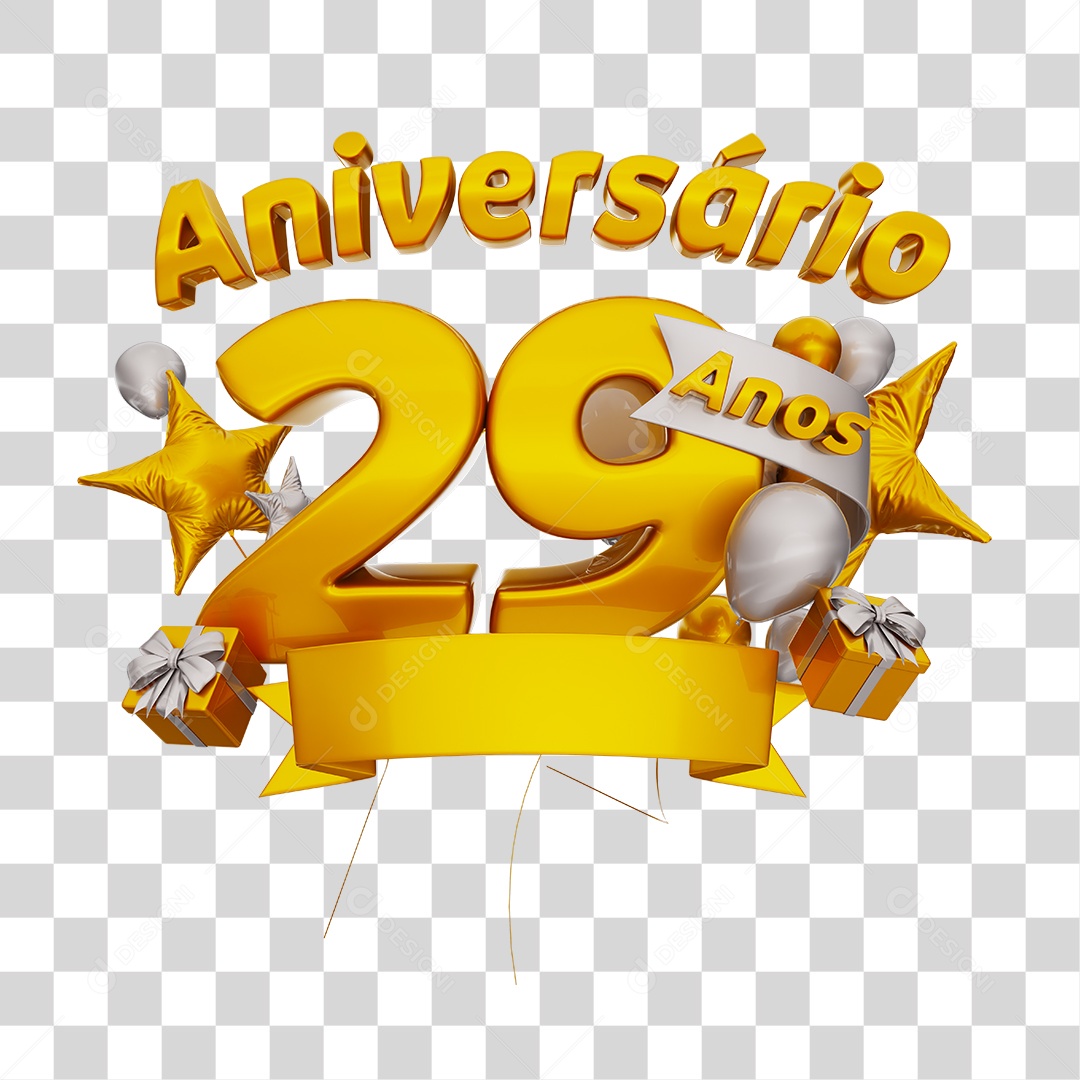 Aniversário 29 Anos Selo 3D Dourado com Fita e Balões Branco para Composição PSD