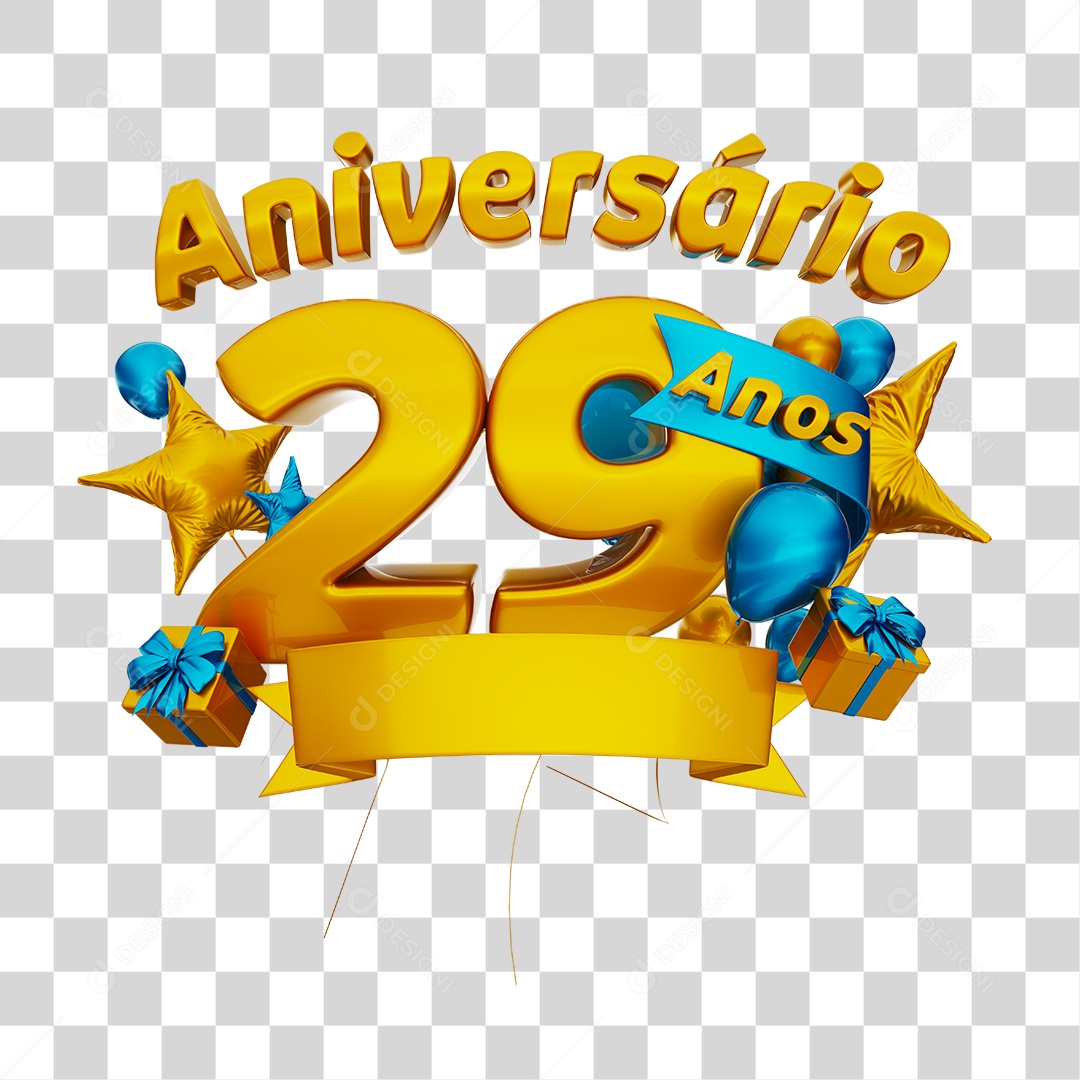 Aniversário 29 Anos Selo 3D Dourado com Fita e Balões Azul para Composição PSD