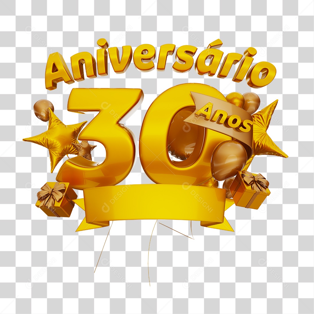 Aniversário 30 Anos Selo 3D Dourado com Fita e Balões para Composição PSD