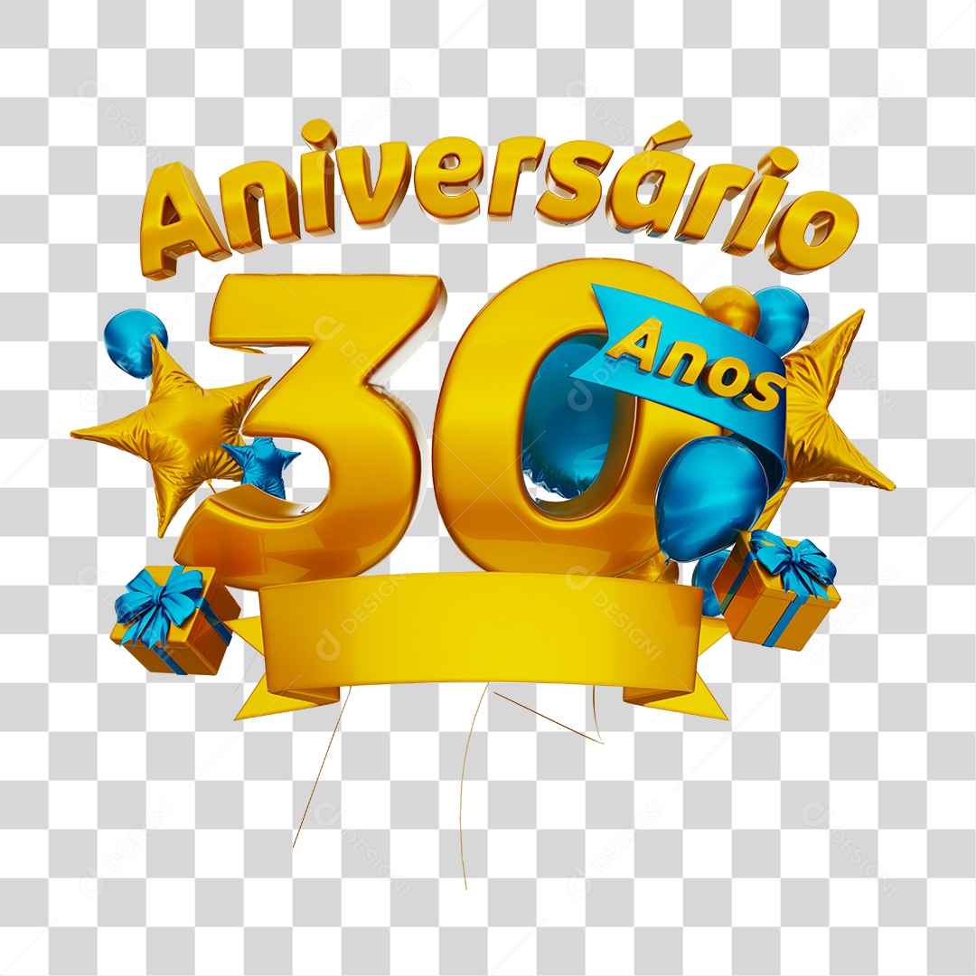 Aniversário 30 Anos Selo 3D Dourado com Fita e Balões Azul para Composição PSD
