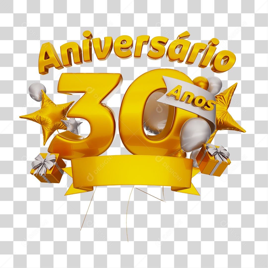 Aniversário 30 Anos Selo 3D Dourado com Fita e Balões Branco para Composição PSD