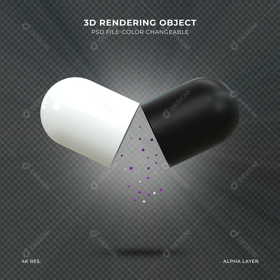 Pílula medicinal preto e branco partida ao meio Elemento 3D para composição PSD