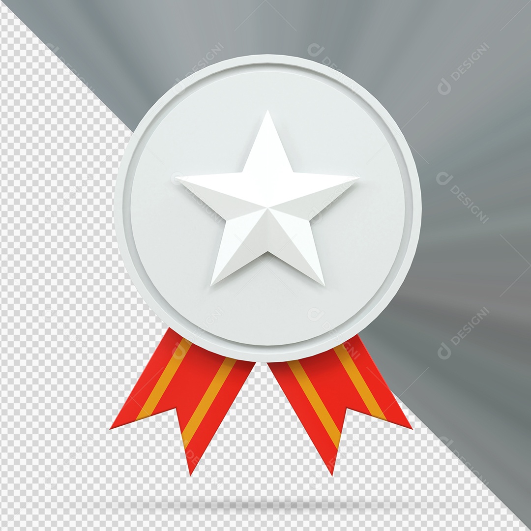 Medalha de Vencedor branca com faixas amarela e vermelho Elemento 3D para Composição PSD