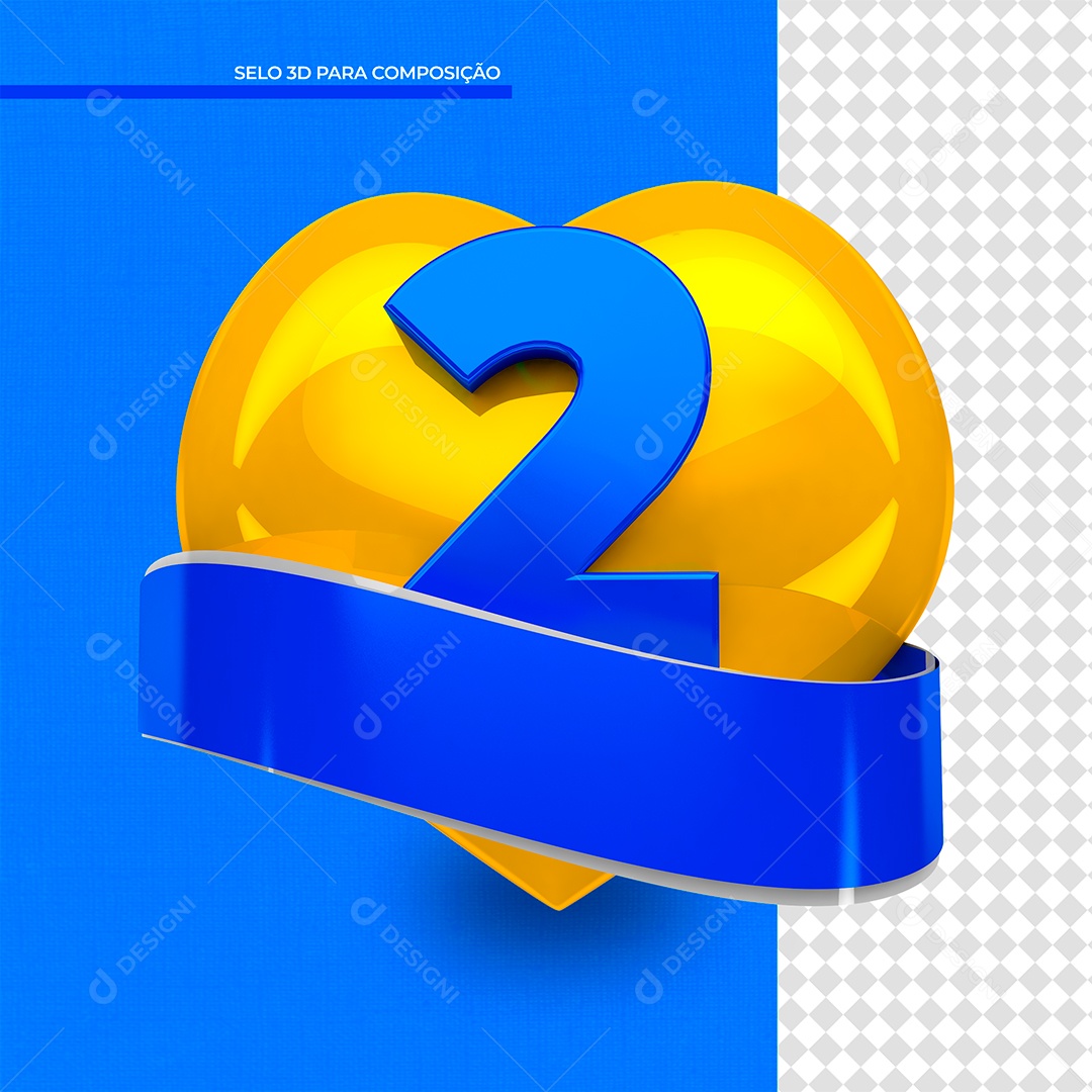 Elemento 3D Coração Amarelo Número 2 PSD