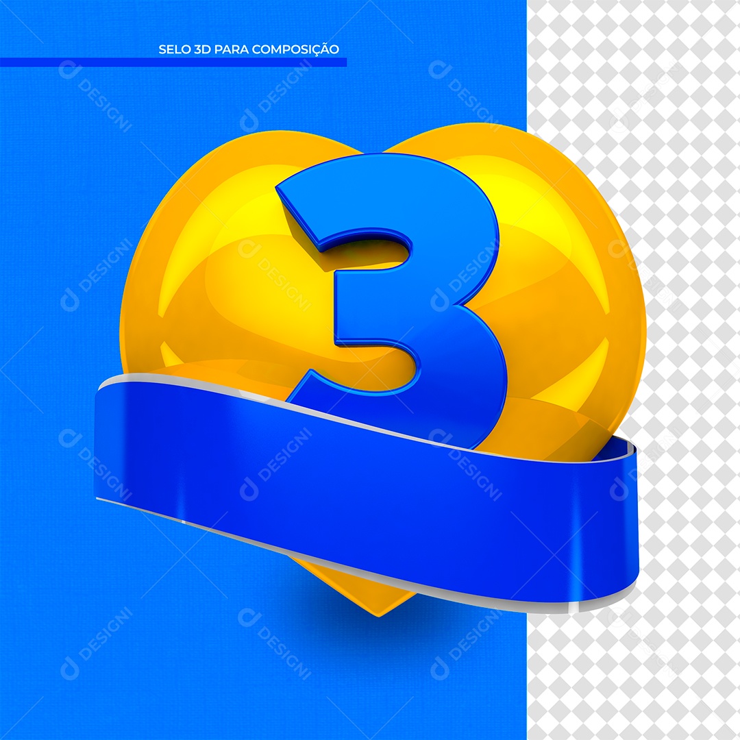 Elemento 3D Coração Amarelo Número 3 PSD