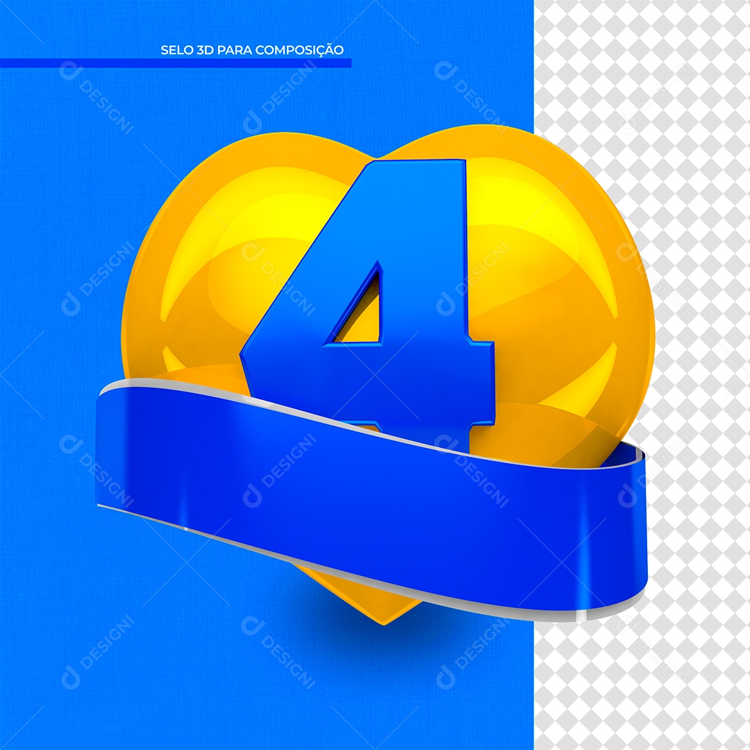 Elemento 3D Coração Amarelo Número 4 PSD