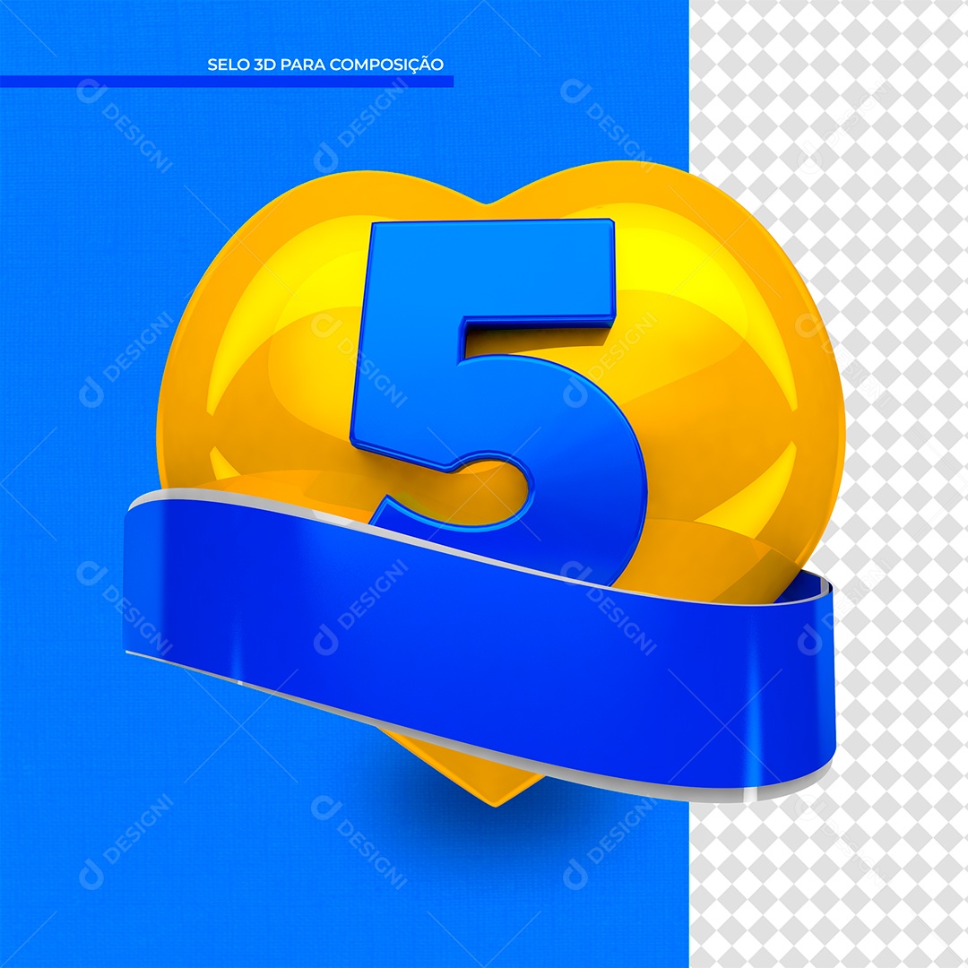 Elemento 3D Coração Amarelo Número 5 PSD