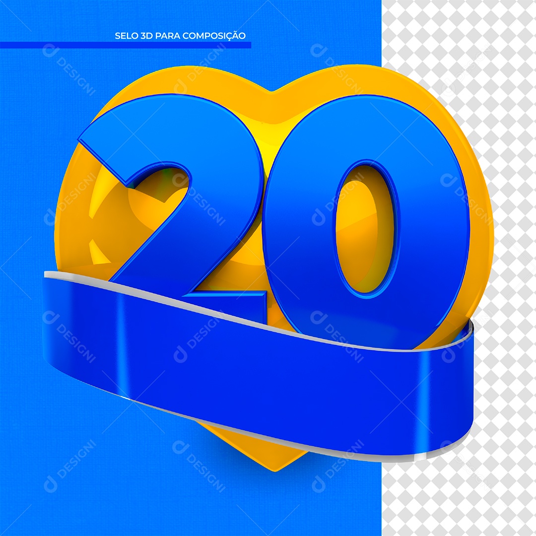 Elemento 3D Coração Amarelo Número 20 PSD