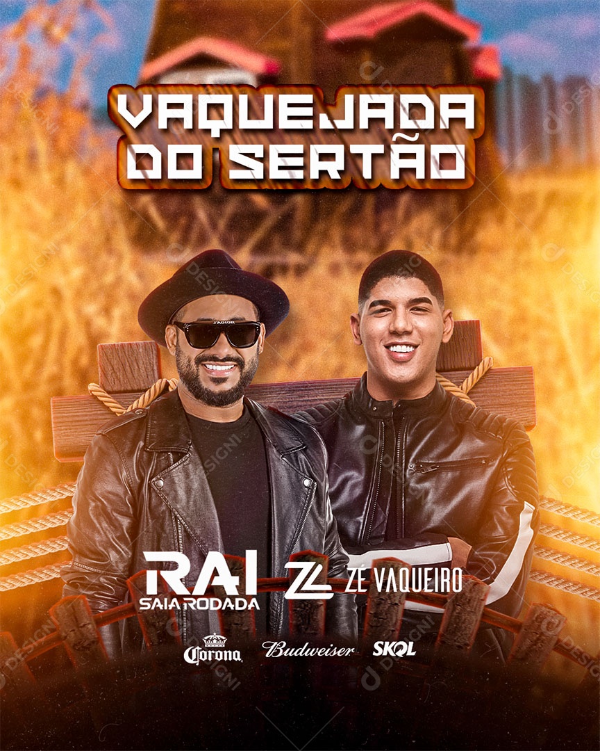 Flyer Vaquejada do Sertão Zé Vaqueiro e Raí Saia Rodada Social Media PSD Editável