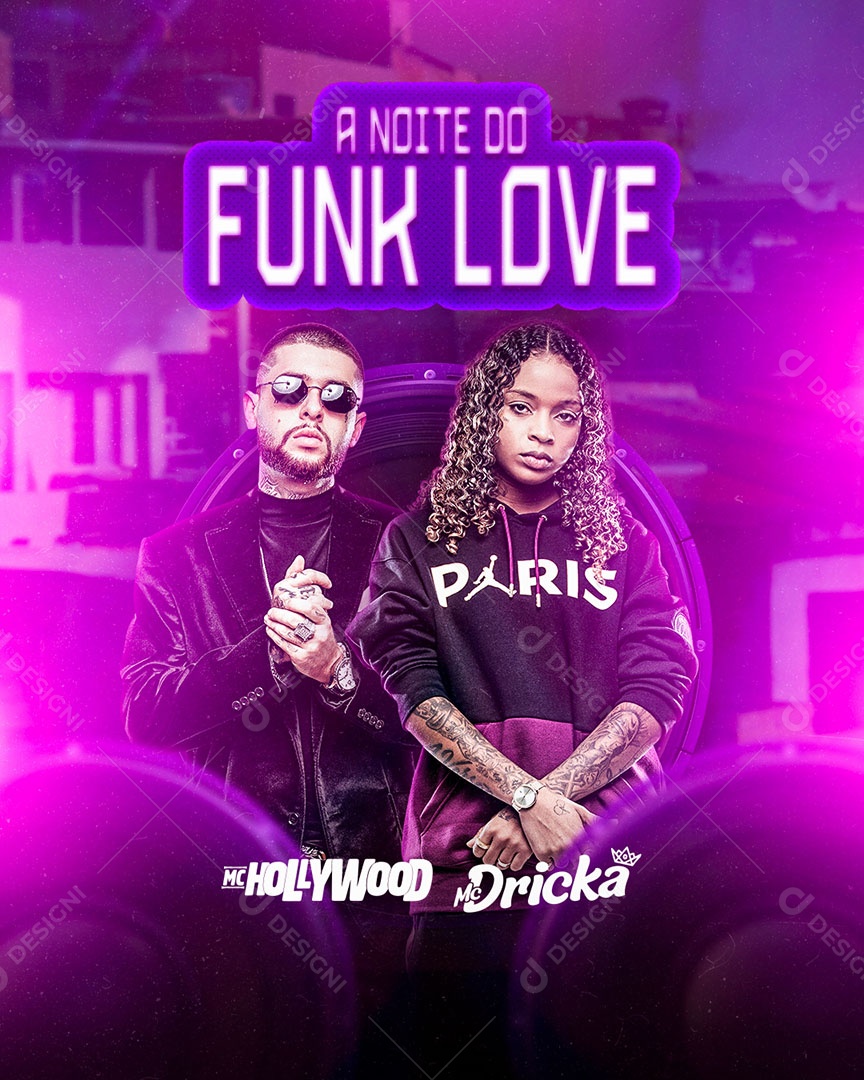 Flyer Show a Noite do Funk Mc Hollywood e Mc Dricka Social Media PSD Editável