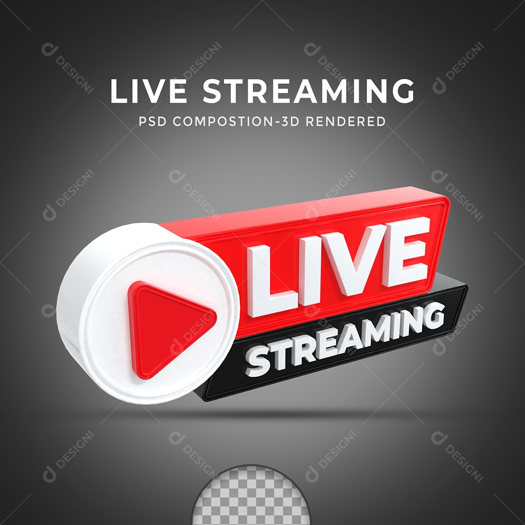Botão Live Stream Vermelho e Preto Selo 3D para Composição PSD