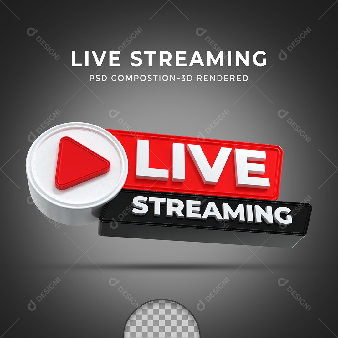 Botão Live Stream Vermelho e Preto Selo 3D para Composição PSD