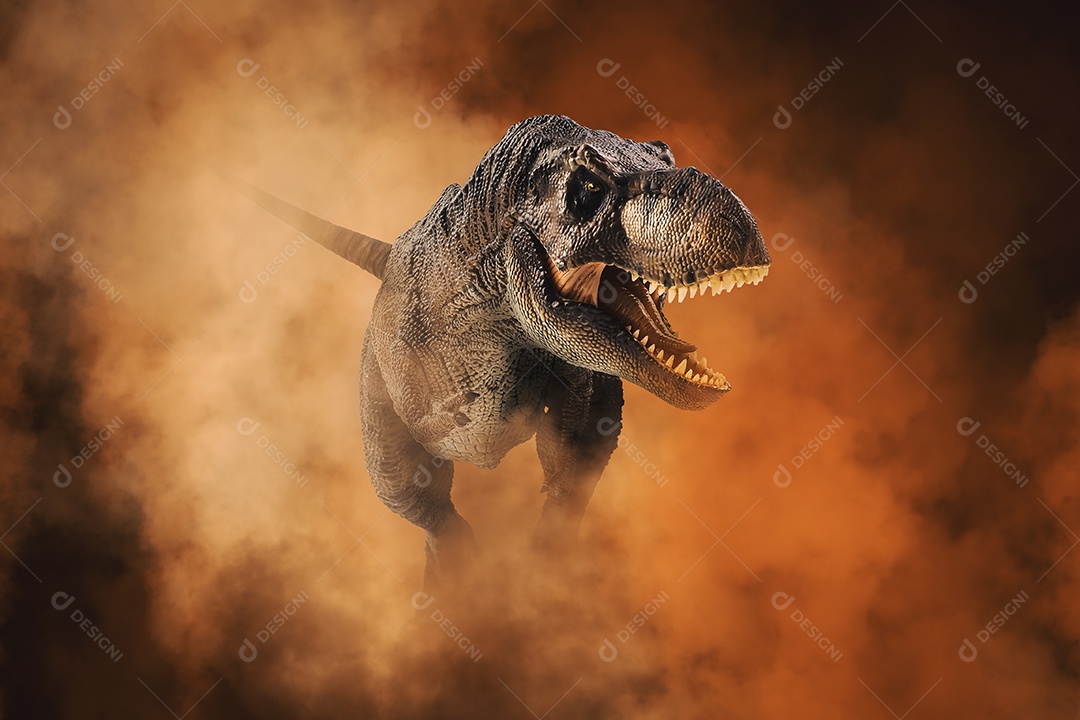 Tiranossauro T-rex, dinossauro em fundo de fumaça