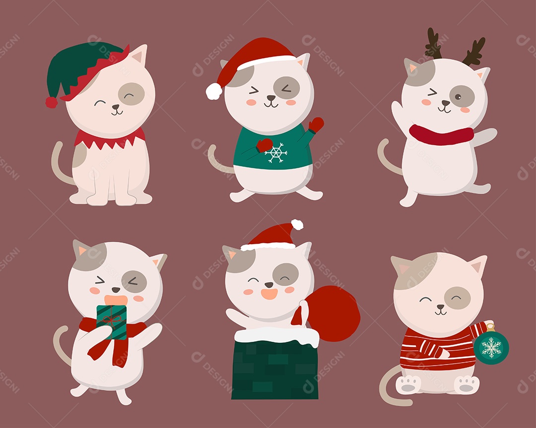 Gato fofo vetor de desenho animado kawaii personagem engraçado no natal deles