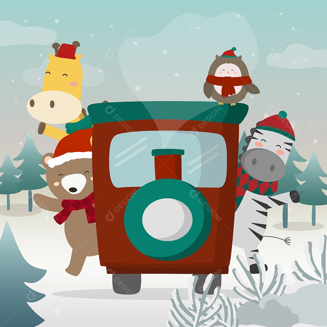 Paisagem com tema de Natal na neve, animais viajam de trem