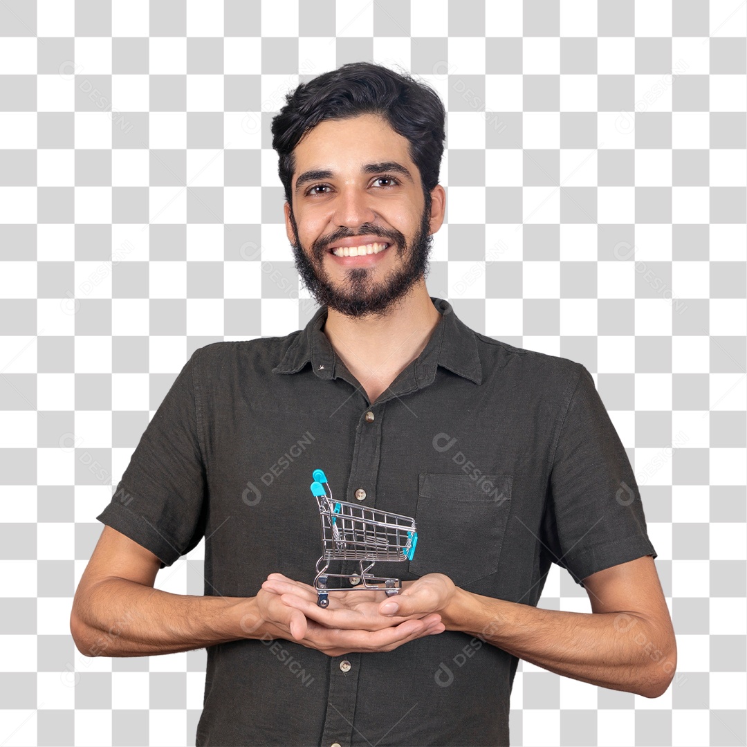 Homem barbudo sorridente segurando miniatura carrinho de supermercado PNG Transparente