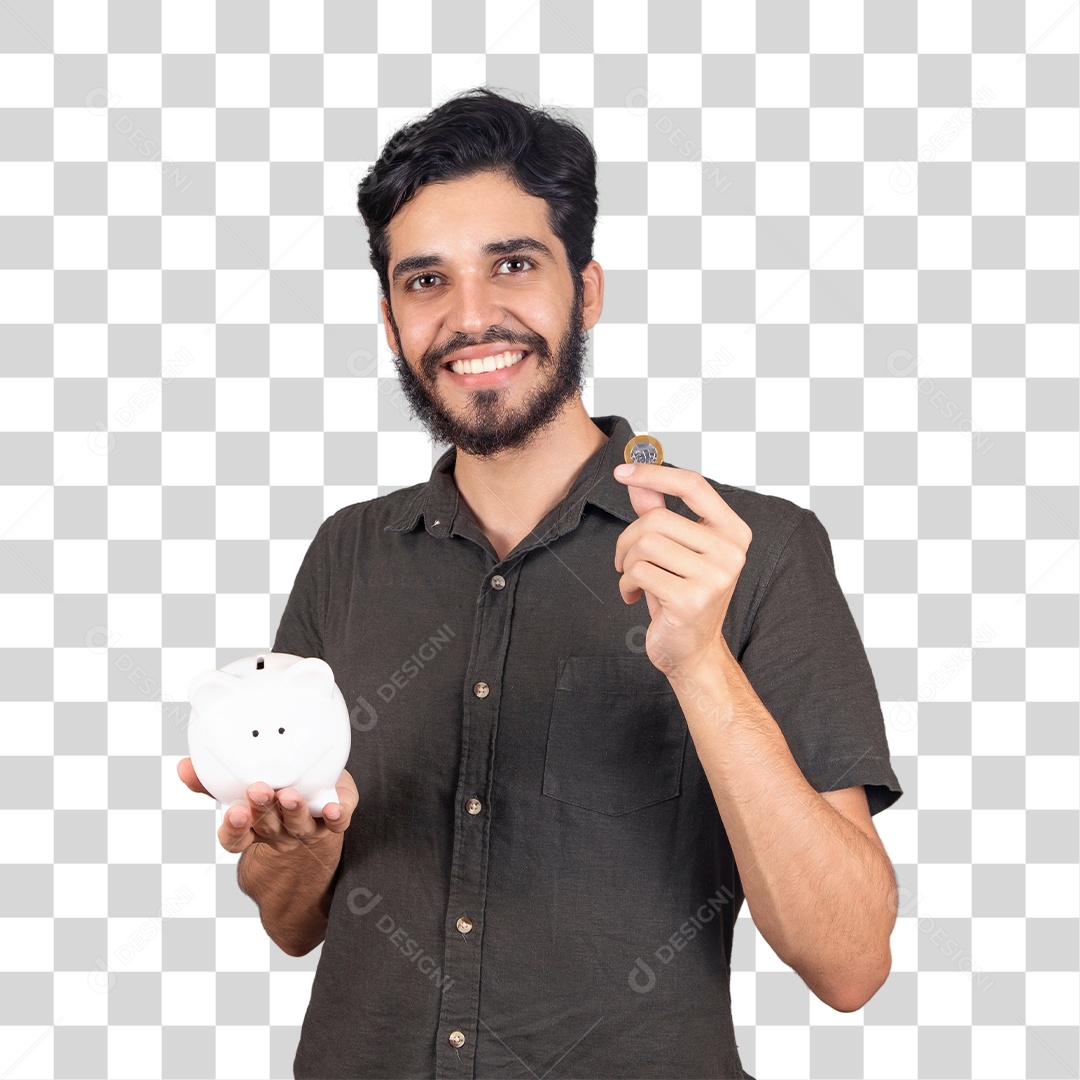 Jovem rapaz feliz segurando porco cofre de moedas. Conceito de economia