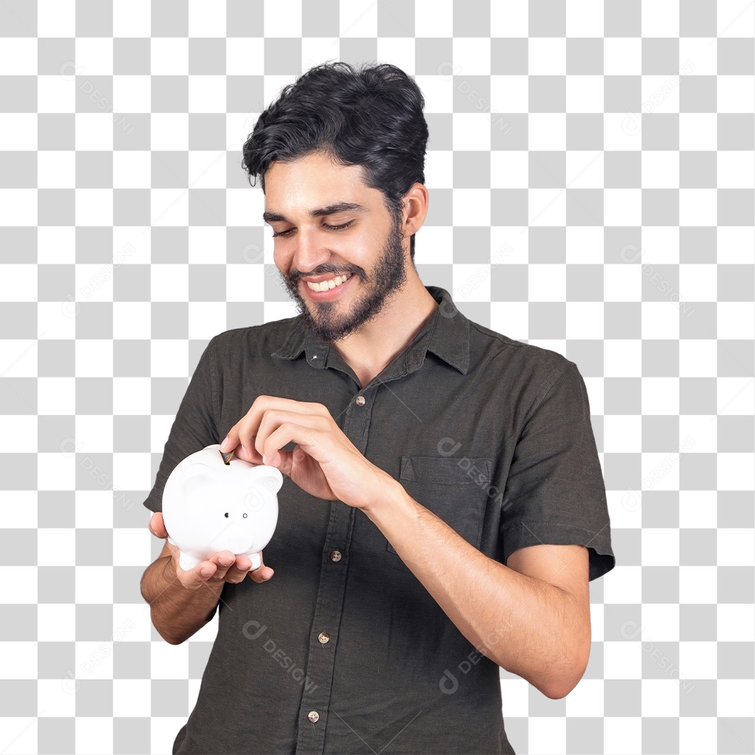 Jovem rapaz feliz colocando moeda em porco cofre de moedas. Conceito de economia