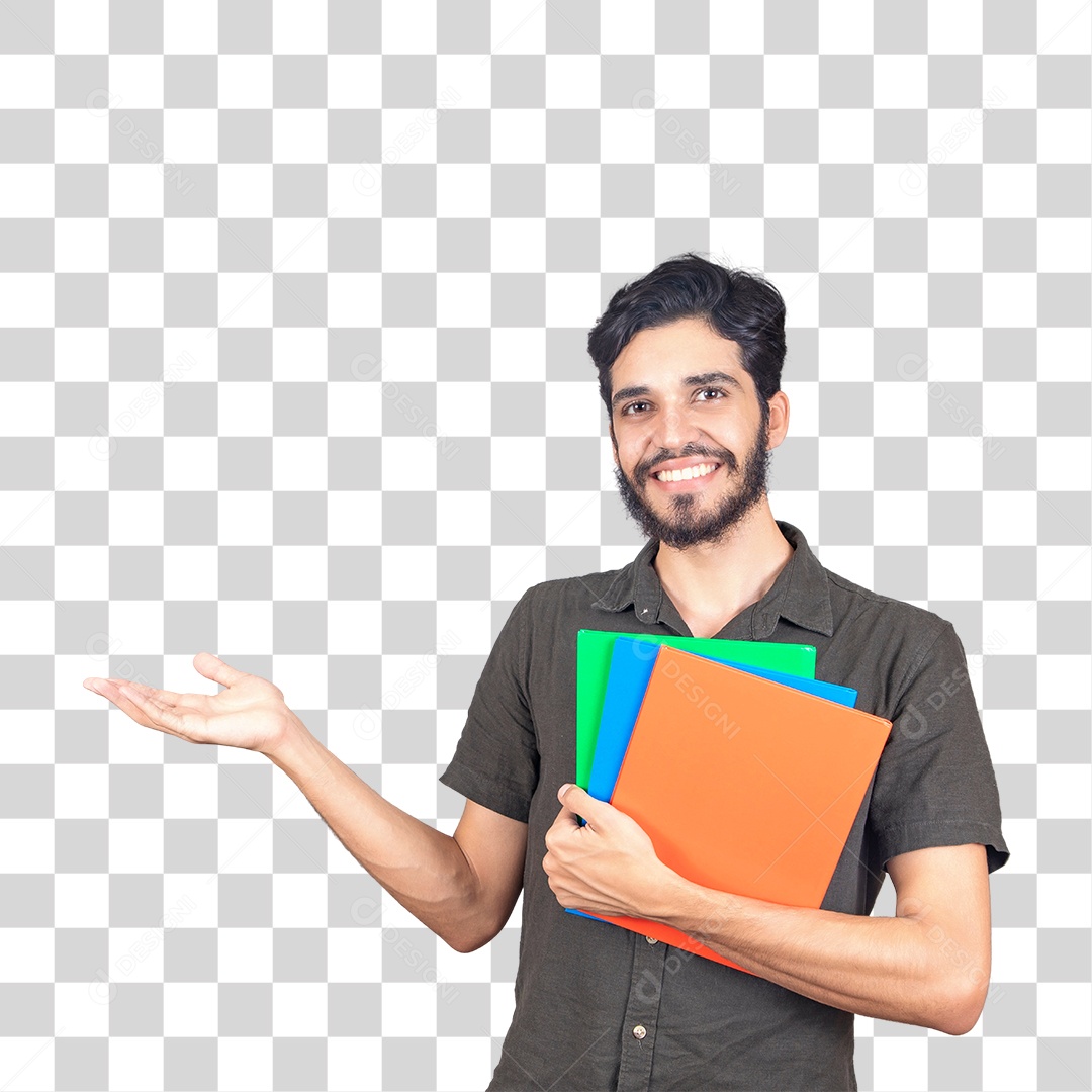 Jovem estudante segurando seus livros escolares com a mão estendida para o lado