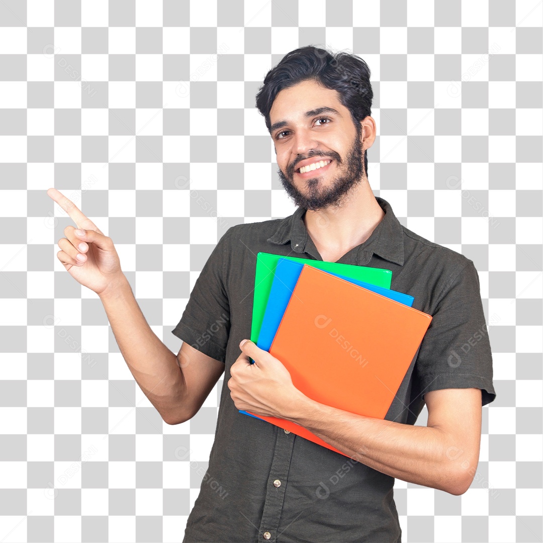 Jovem estudande feliz segurando seus livros escolares e apontando para o lado