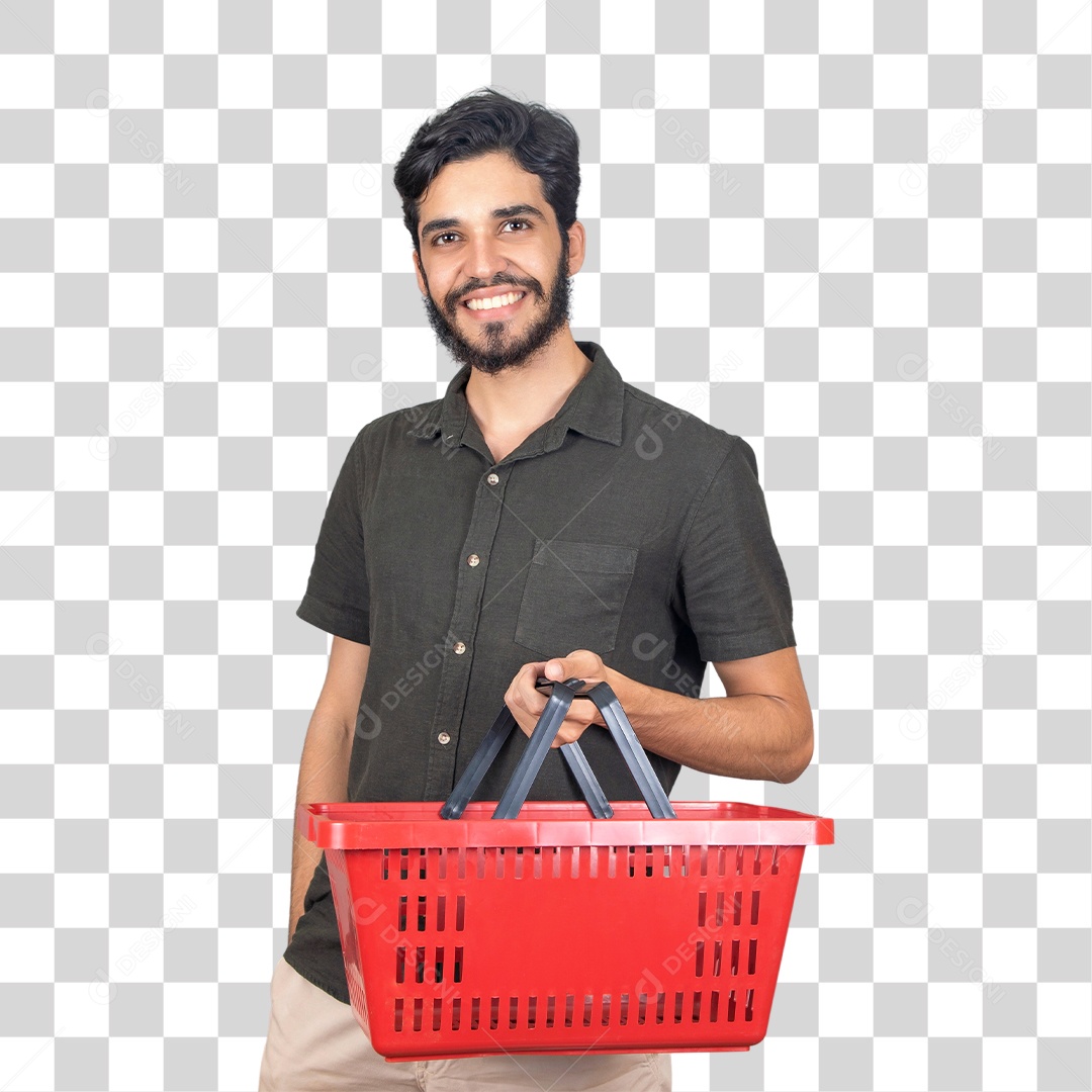 Jovem rapaz sorridente segurando cesta de supermercado. Conceito de compras