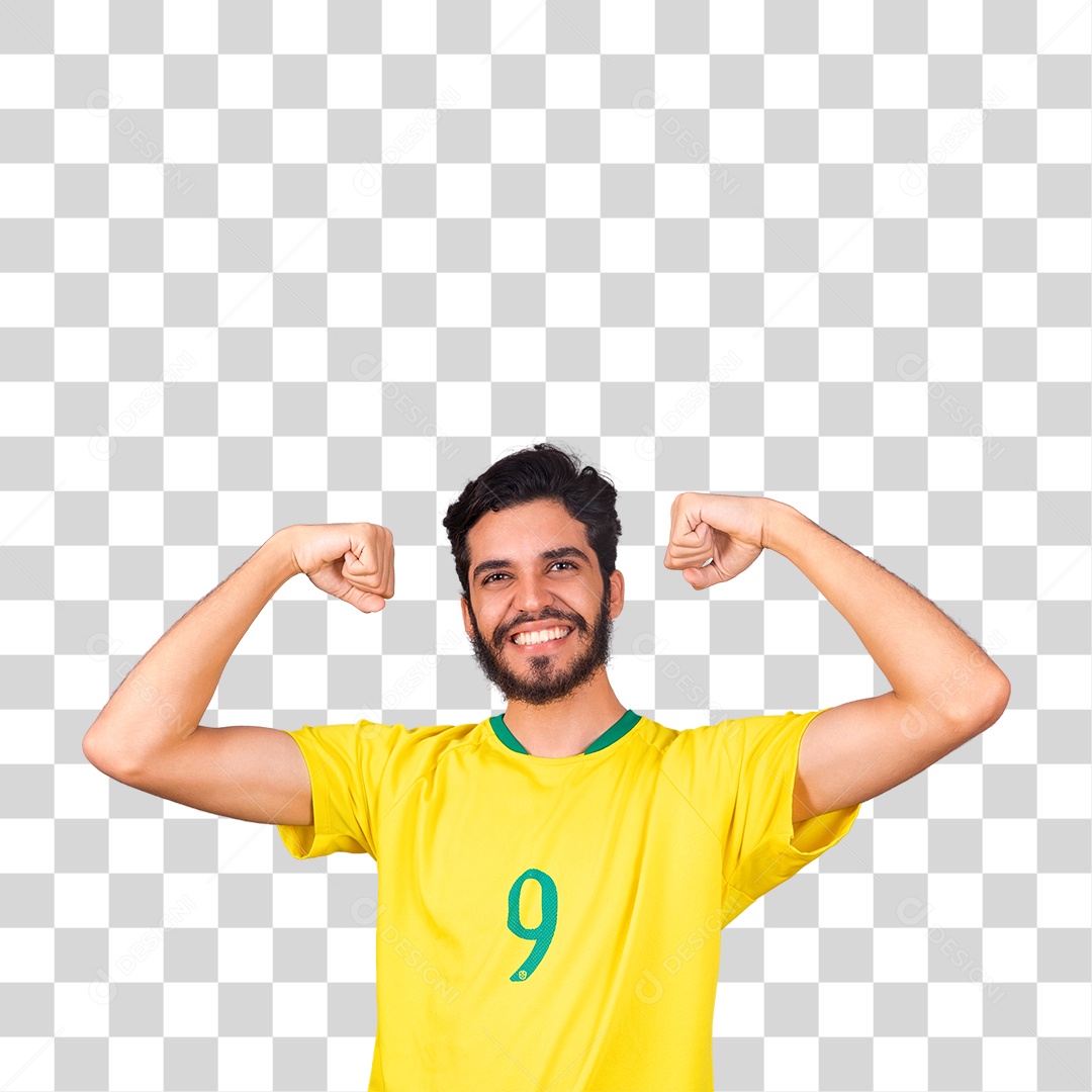 Homem jovem torcedor usando camiseta de time brasileiro seleção brasileira