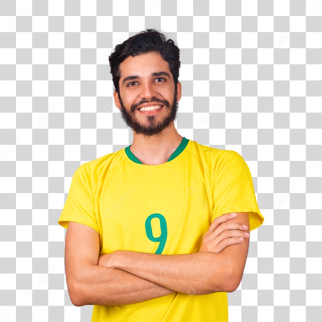 Jovem torcedor alegre usando camiseta de time brasileiro seleção brasileira