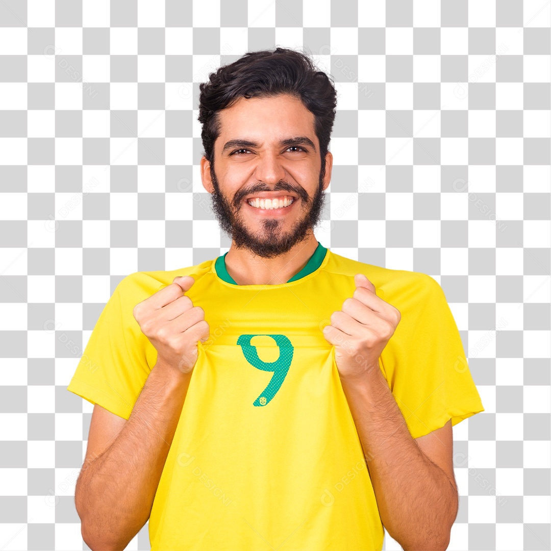 Jovem torcedor alegre usando camiseta de time brasileiro seleção brasileira