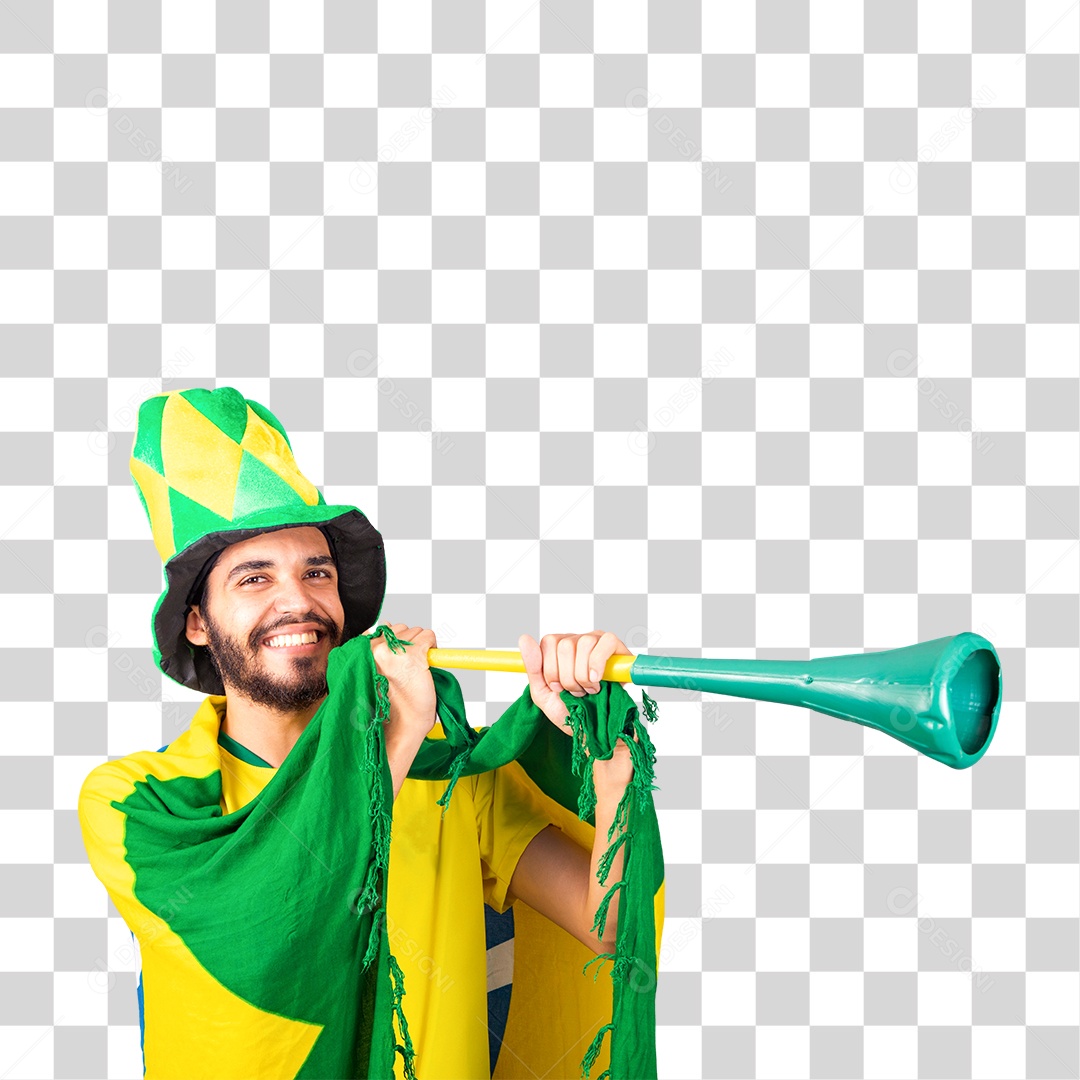 Jovem torcedor sorridente segurando vuvuzela verde e amarelo