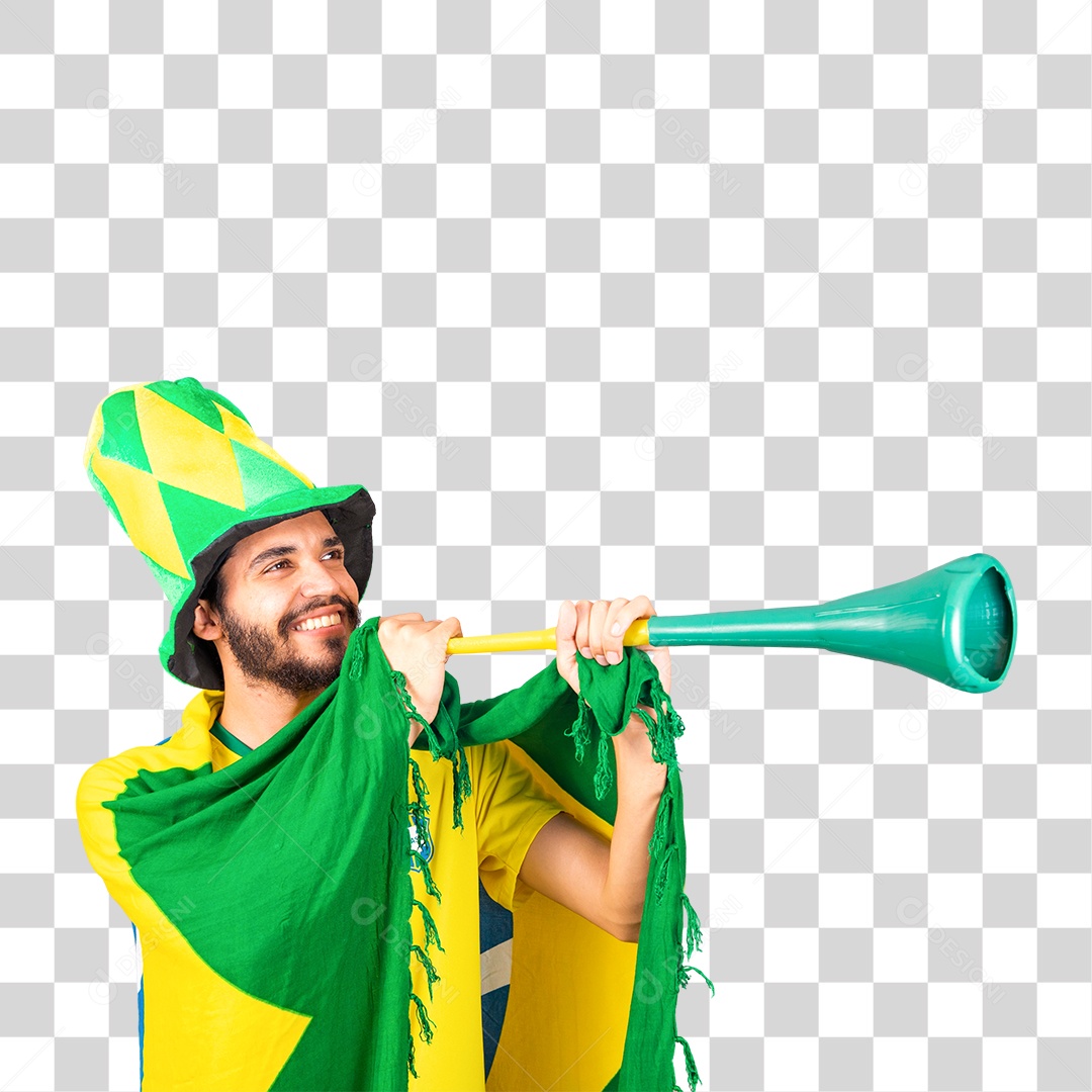 Jovem torcedor sorridente segurando vuvuzela verde e amarelo
